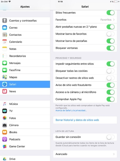 Ajustes de Safari (iOS)